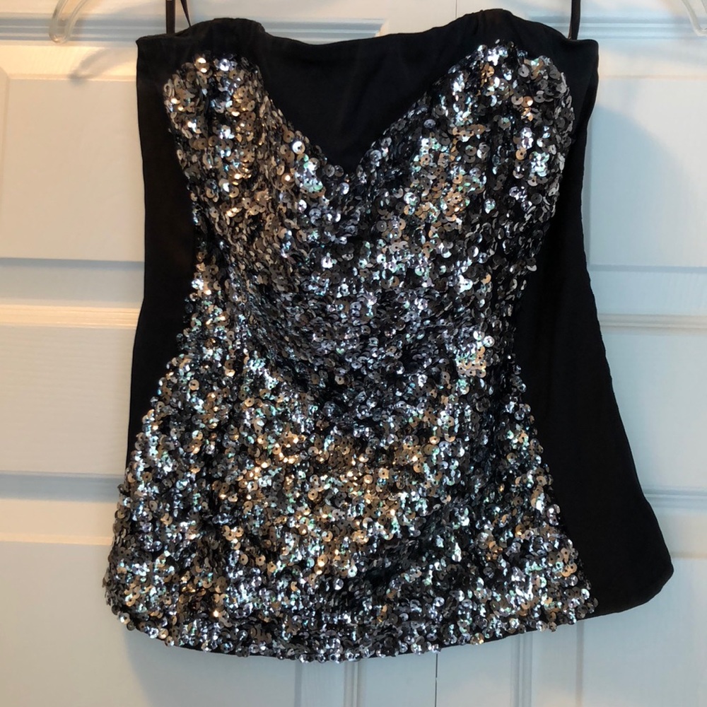 Black and silver sequined Bebe strapless corset